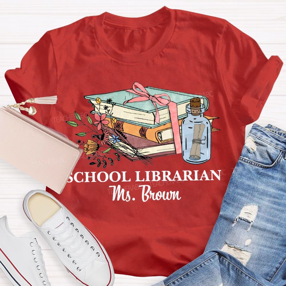 Personalized Name School Librarian Flowers And Books T-shirt