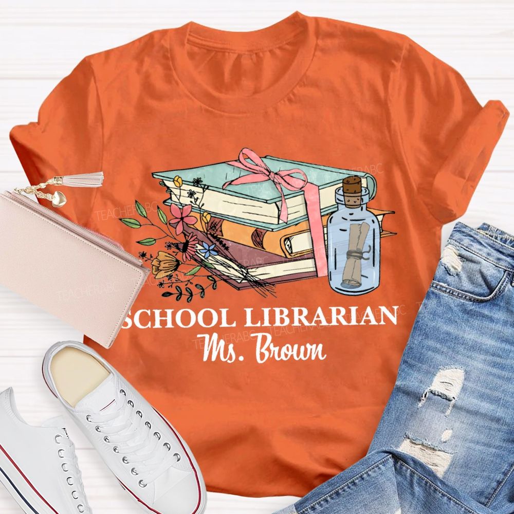 Personalized Name School Librarian Flowers And Books T-shirt