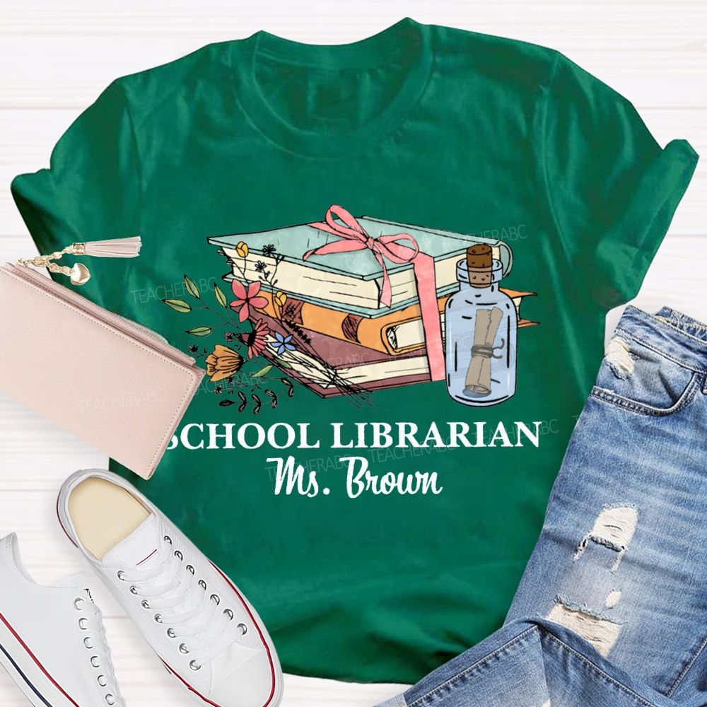 Personalized Name School Librarian Flowers And Books T-shirt