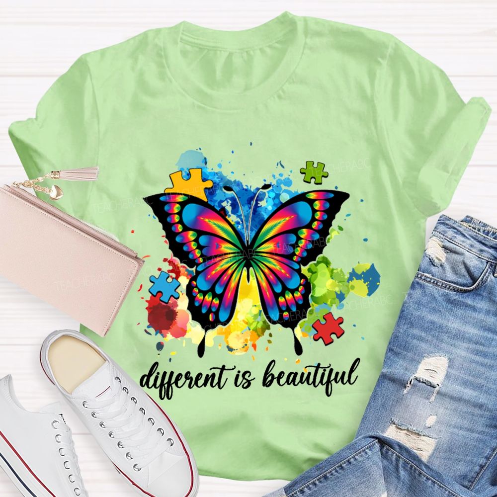 Different Is Beautiful Butterflies And Colorful Tie-Dye Prints Teacher T-shirt