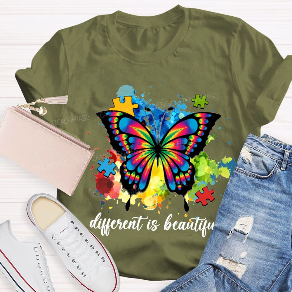 Different Is Beautiful Butterflies And Colorful Tie-Dye Prints Teacher T-shirt