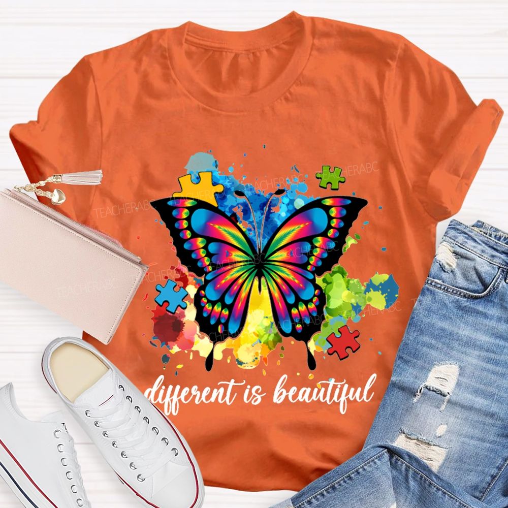 Different Is Beautiful Butterflies And Colorful Tie-Dye Prints Teacher T-shirt