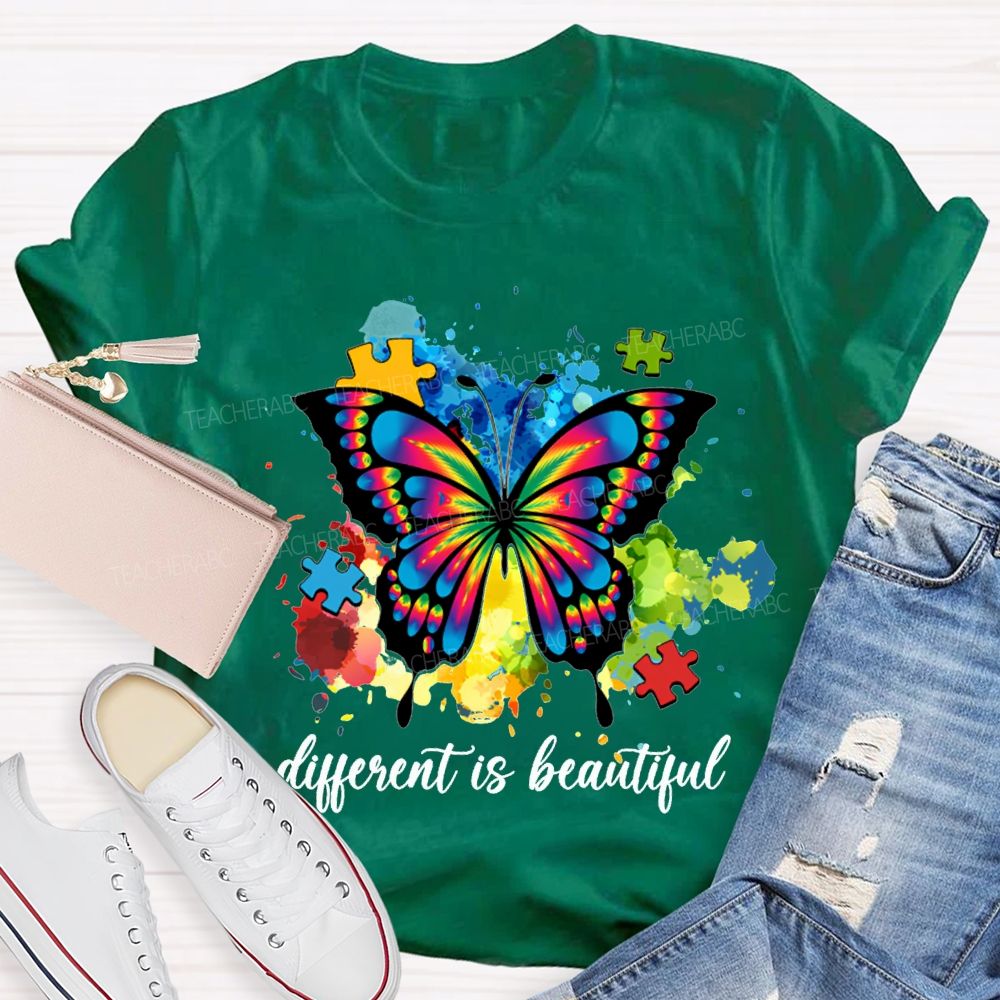 Different Is Beautiful Butterflies And Colorful Tie-Dye Prints Teacher T-shirt