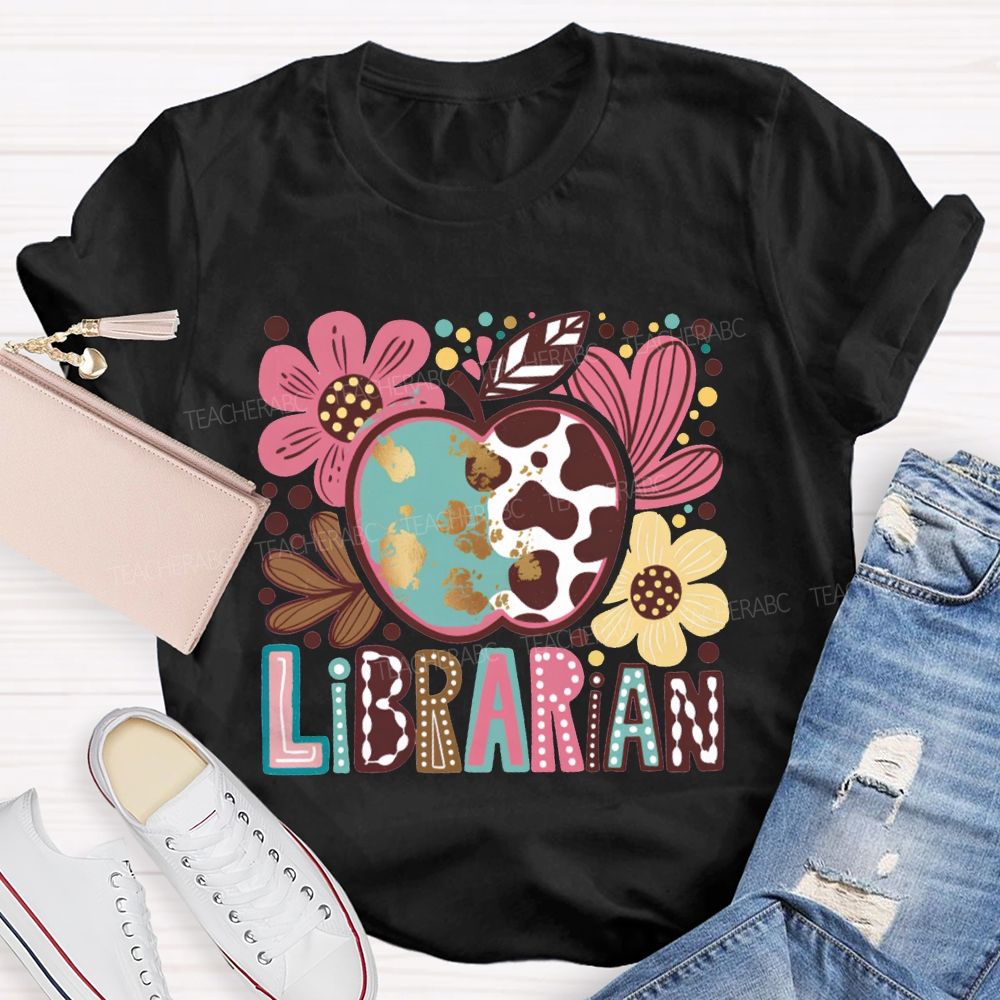 Librarian Apple And Flower Print T-shirt