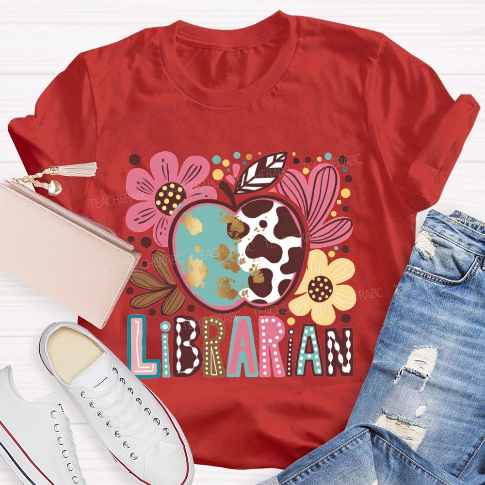 Librarian Apple And Flower Print T-shirt