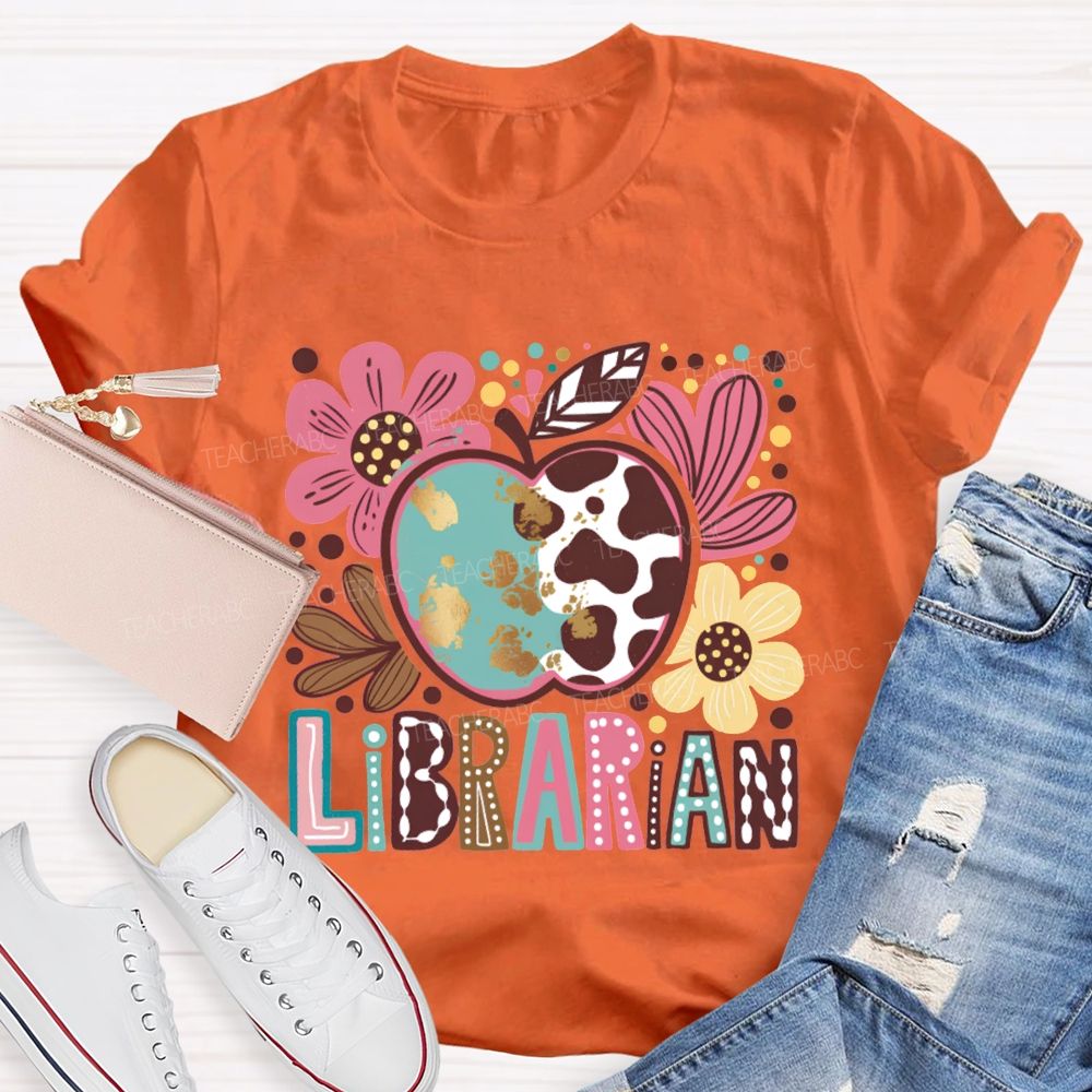 Librarian Apple And Flower Print T-shirt