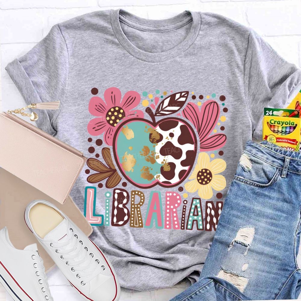 Librarian Apple And Flower Print T-shirt
