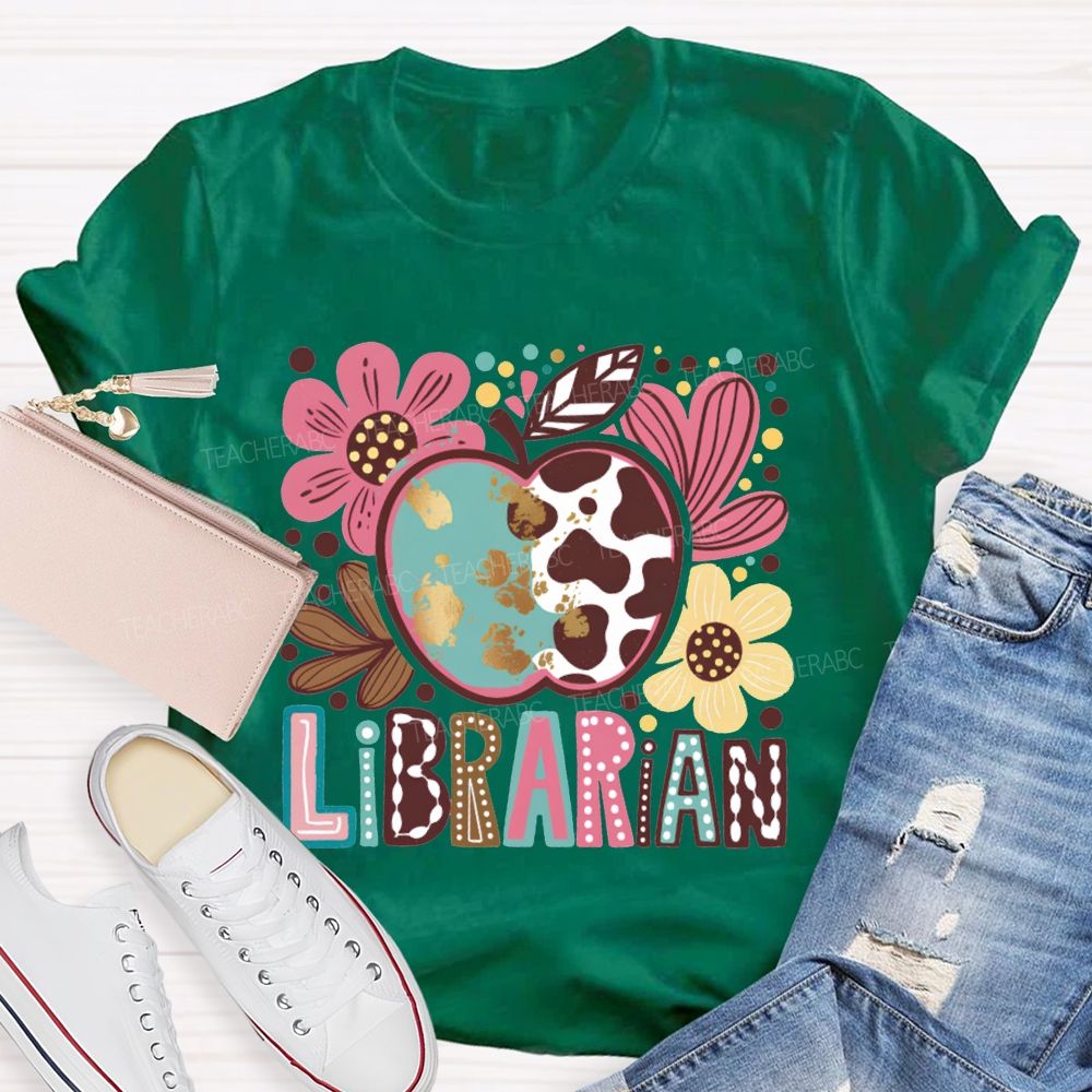 Librarian Apple And Flower Print T-shirt