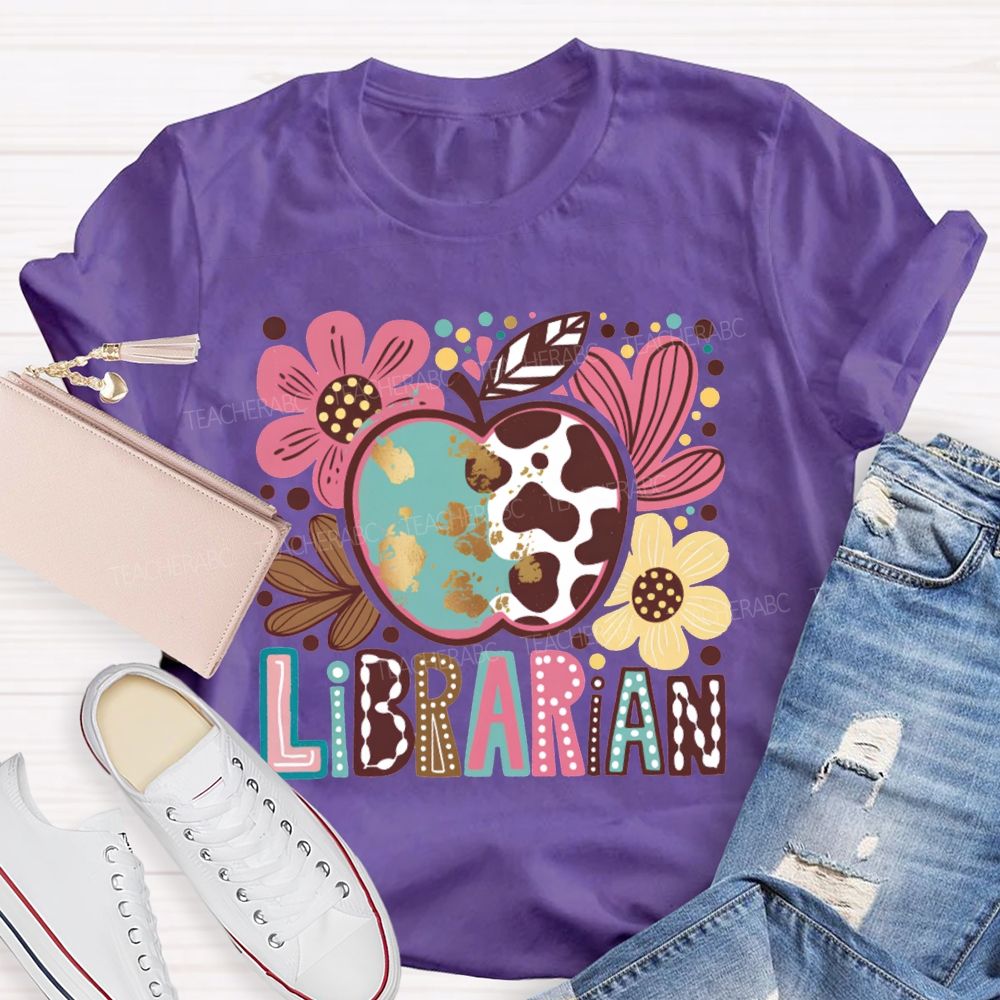 Librarian Apple And Flower Print T-shirt