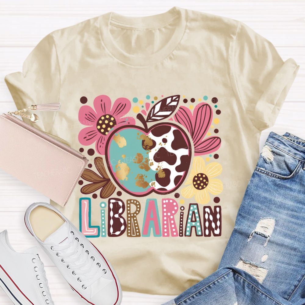 Librarian Apple And Flower Print T-shirt
