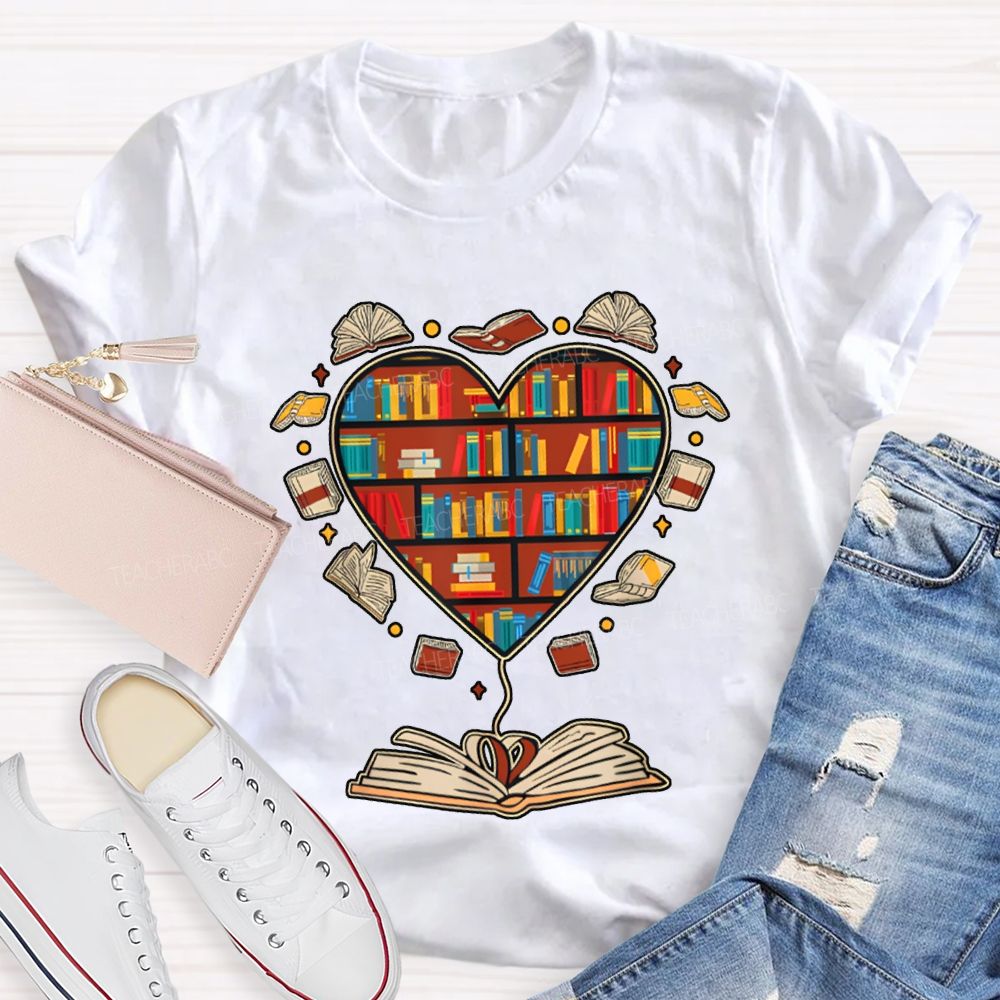 School Librarian Heart-Shaped Bookshelf T-shirt