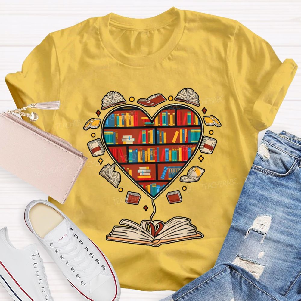 School Librarian Heart-Shaped Bookshelf T-shirt