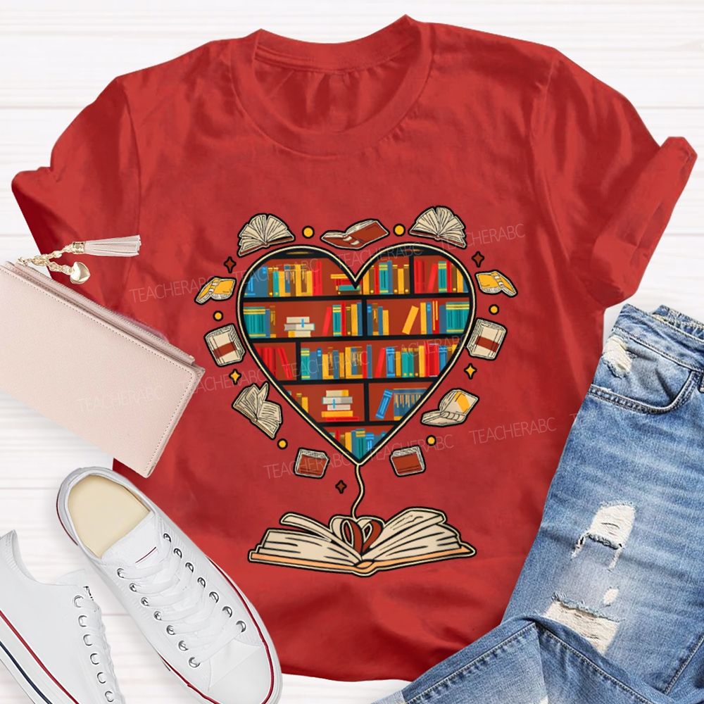 School Librarian Heart-Shaped Bookshelf T-shirt