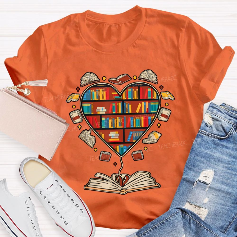 School Librarian Heart-Shaped Bookshelf T-shirt