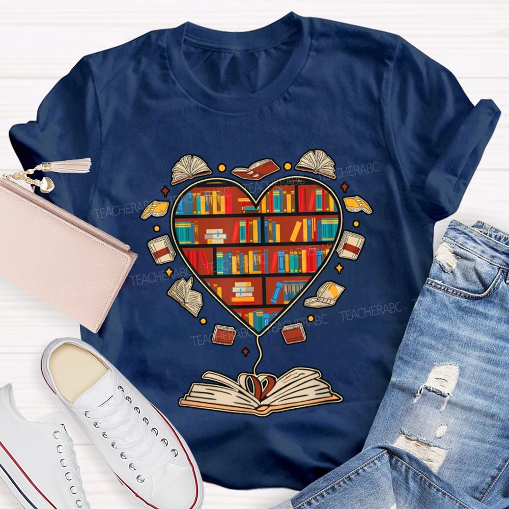 School Librarian Heart-Shaped Bookshelf T-shirt