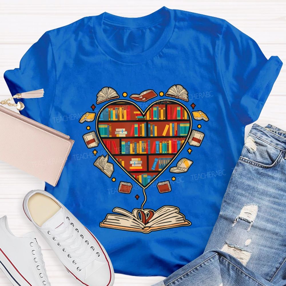School Librarian Heart-Shaped Bookshelf T-shirt