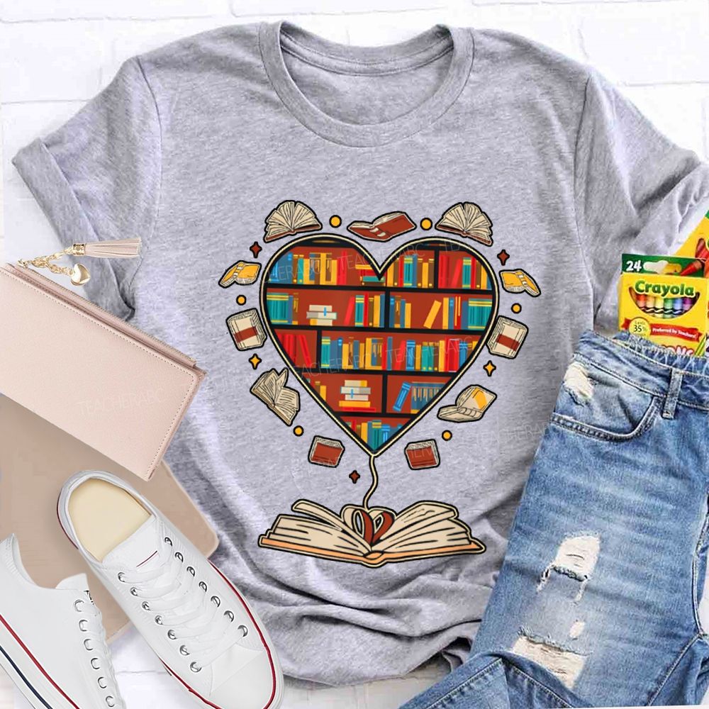 School Librarian Heart-Shaped Bookshelf T-shirt