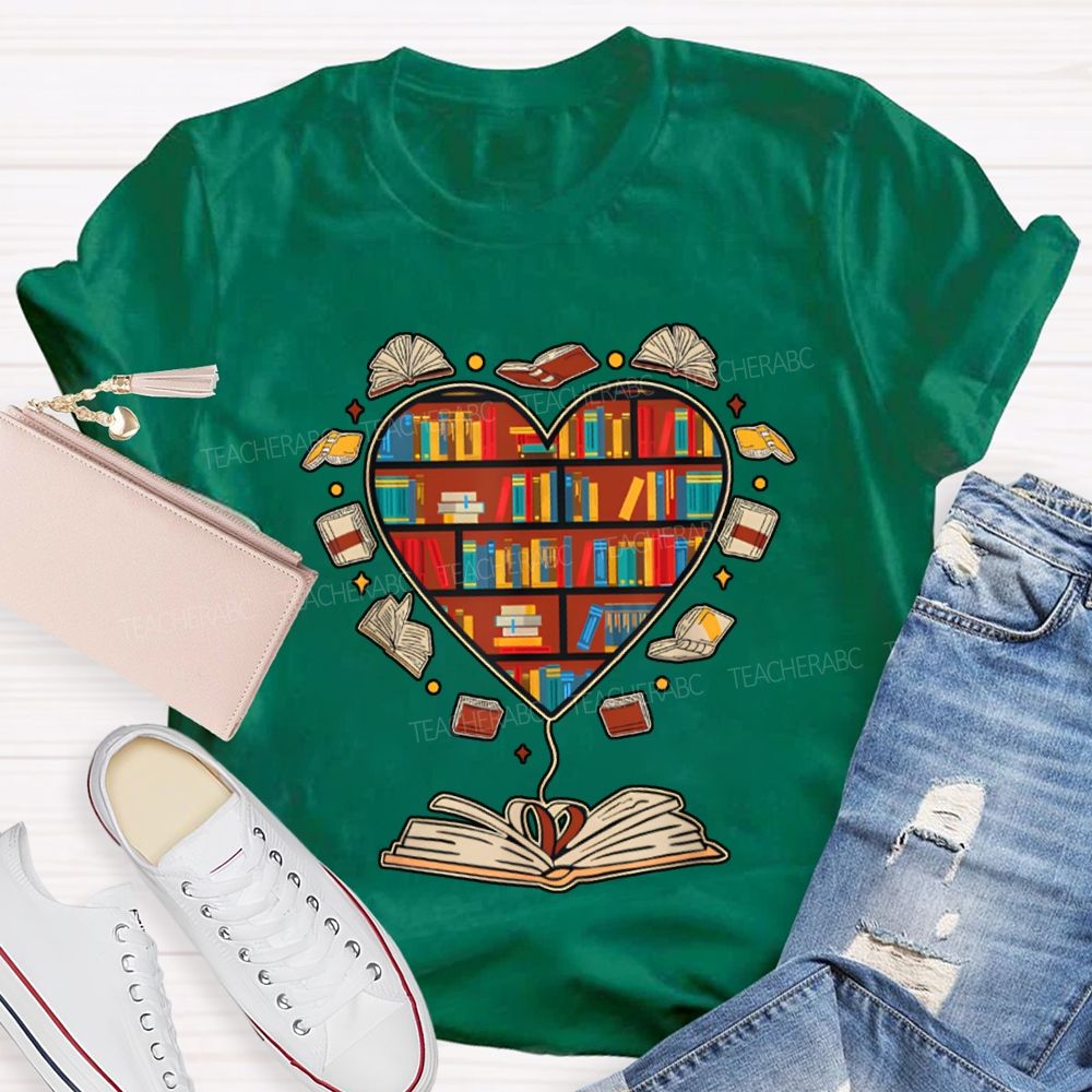 School Librarian Heart-Shaped Bookshelf T-shirt