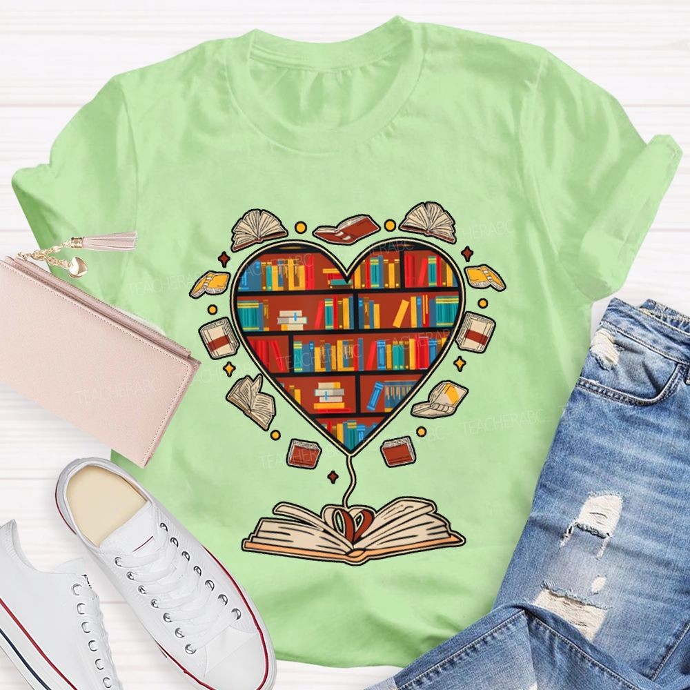 School Librarian Heart-Shaped Bookshelf T-shirt