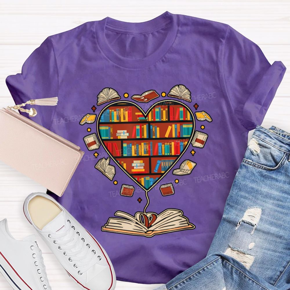 School Librarian Heart-Shaped Bookshelf T-shirt