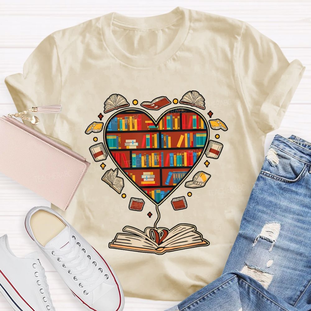 School Librarian Heart-Shaped Bookshelf T-shirt