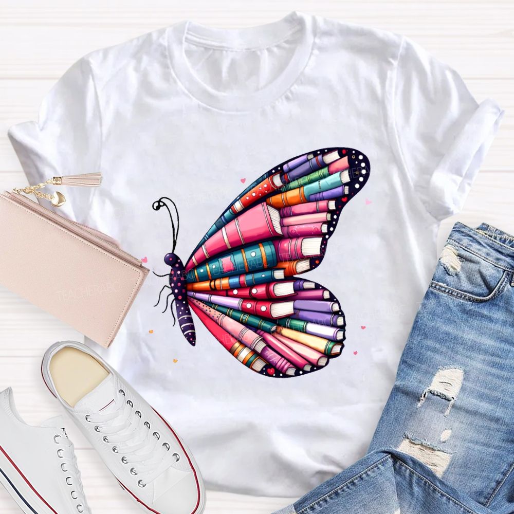 School Librarian Colorful Book Butterfly T-shirt