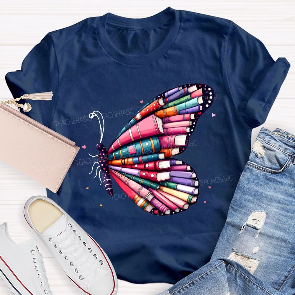 School Librarian Colorful Book Butterfly T-shirt