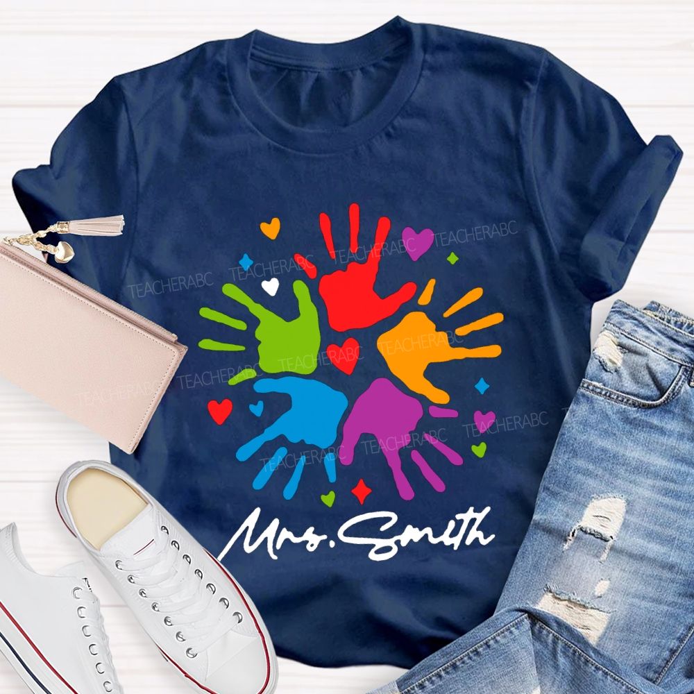 Personalized Name Colorful Handprints And Hearts Special Education T-shirt
