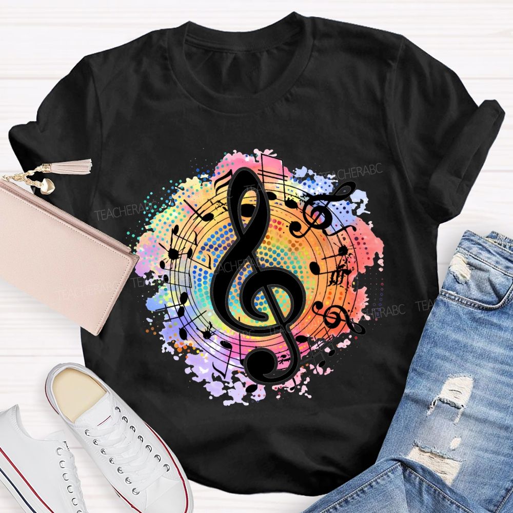 Musical Note-Themed Tie-Dye Print Music Teacher T-shirt