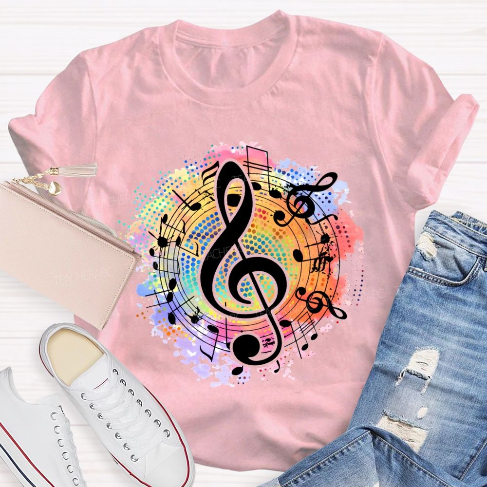 Musical Note-Themed Tie-Dye Print Music Teacher T-shirt
