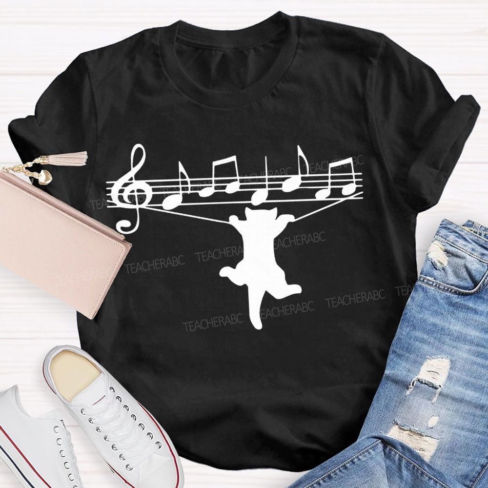 A Cat Dancing On The Musical Staff Music Teacher T-shirt