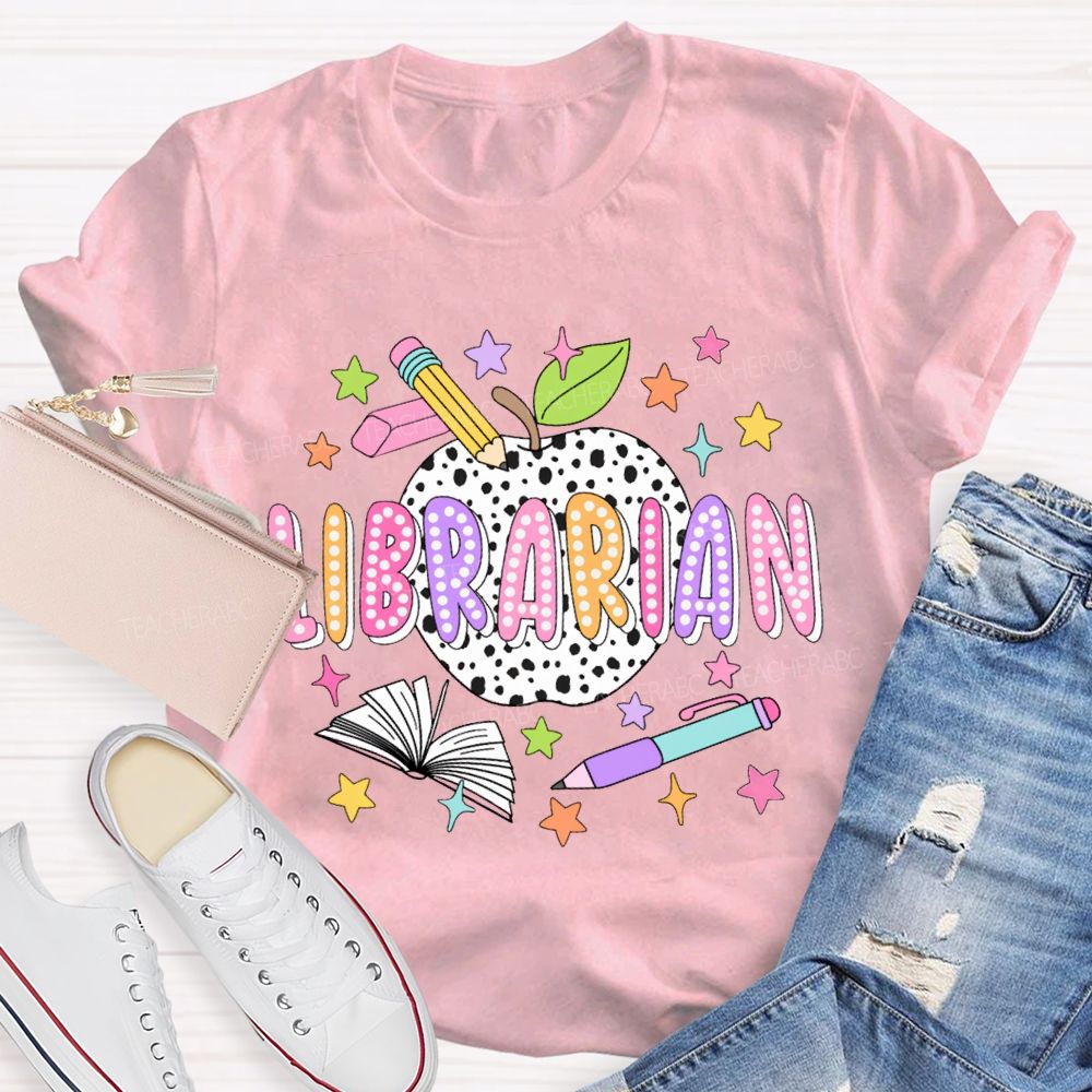 Librarian Polka Dot Apples And Colorful Stars T-shirt