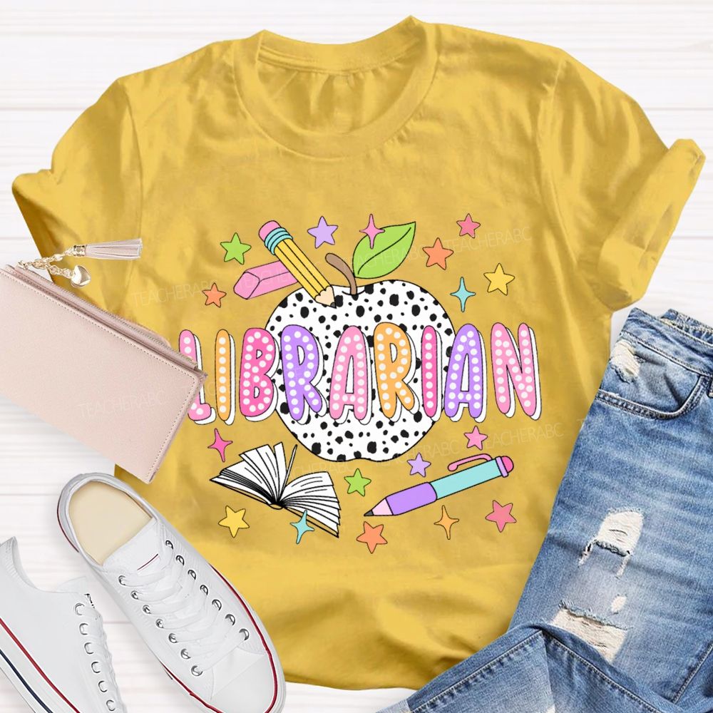 Librarian Polka Dot Apples And Colorful Stars T-shirt