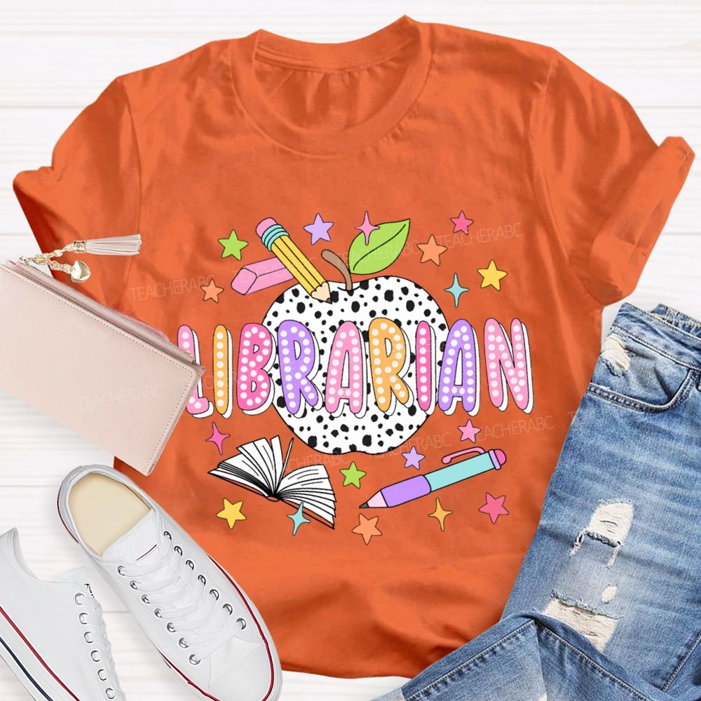 Librarian Polka Dot Apples And Colorful Stars T-shirt
