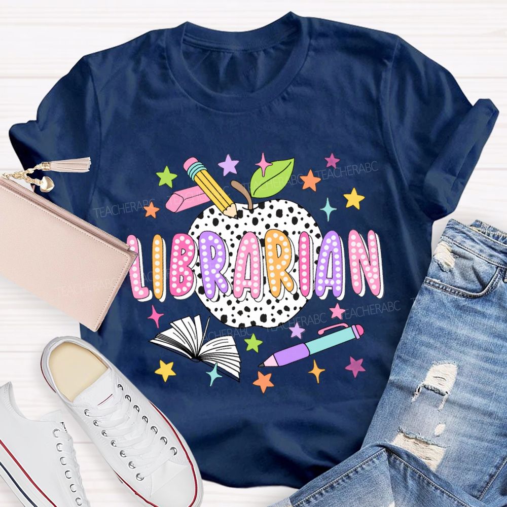 Librarian Polka Dot Apples And Colorful Stars T-shirt