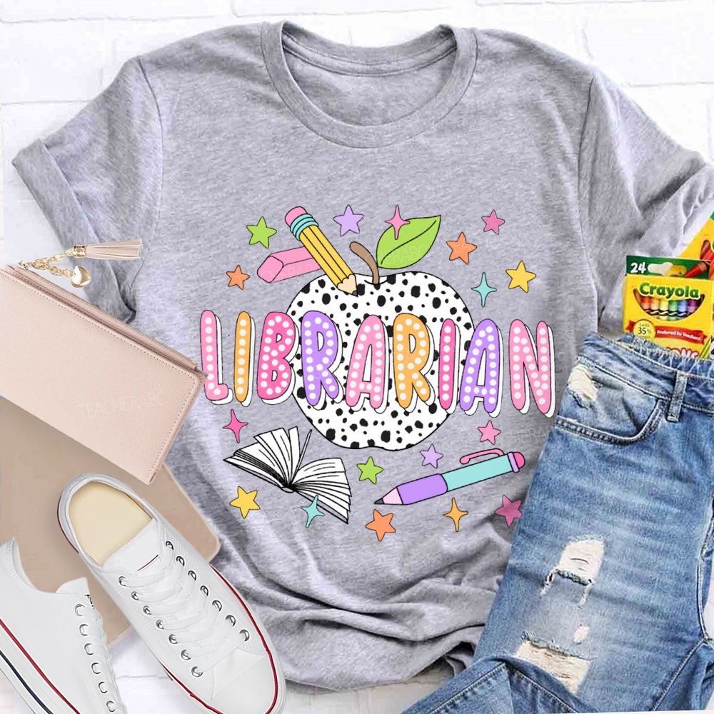 Librarian Polka Dot Apples And Colorful Stars T-shirt