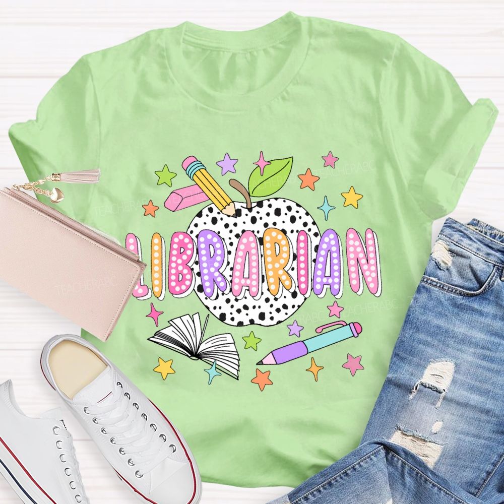 Librarian Polka Dot Apples And Colorful Stars T-shirt
