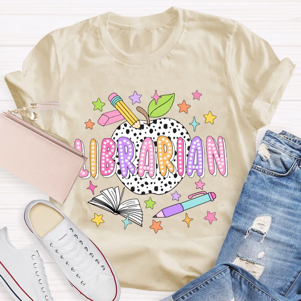 Librarian Polka Dot Apples And Colorful Stars T-shirt
