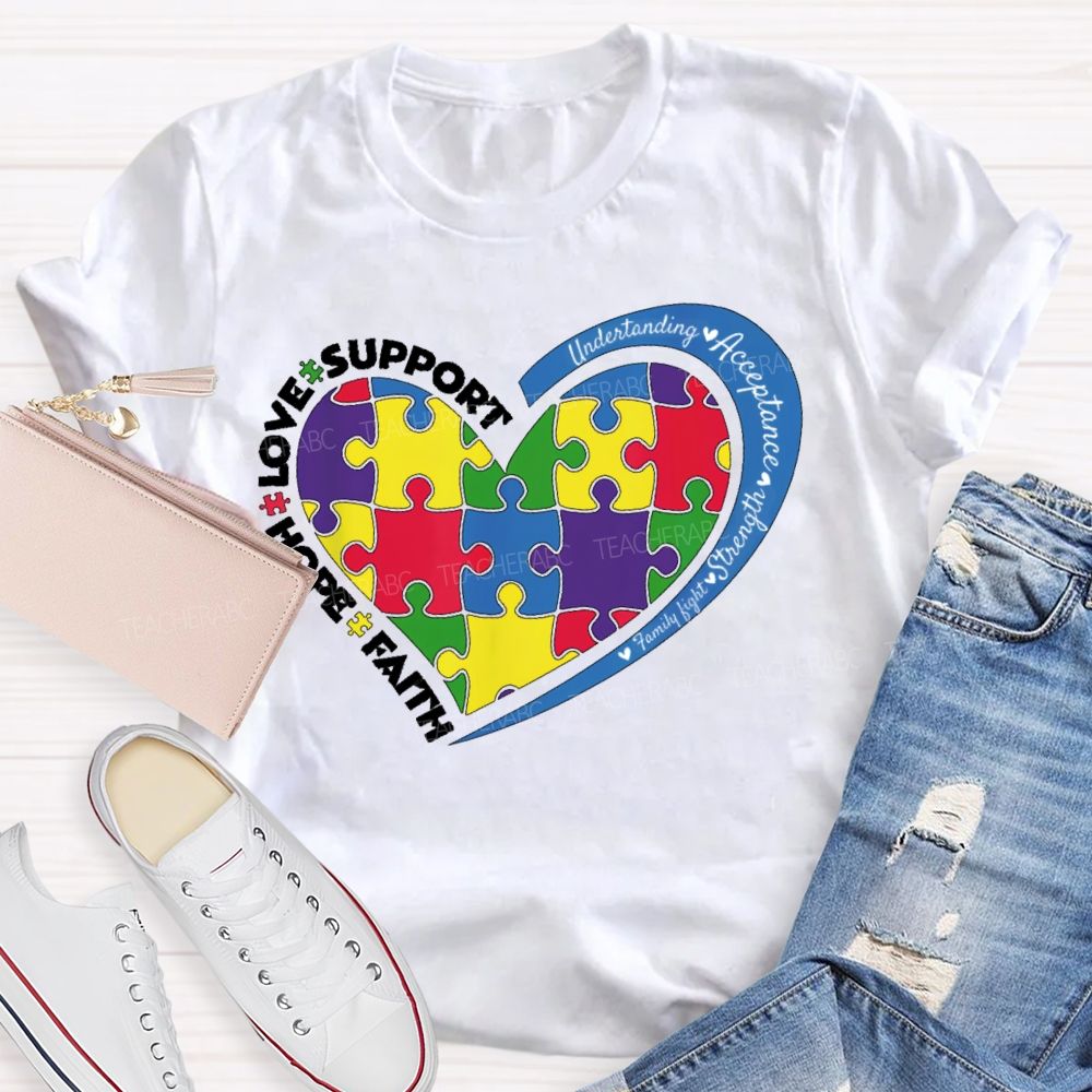Faith Hope Love Support Colorful Heart Puzzle Teacher T-shirt