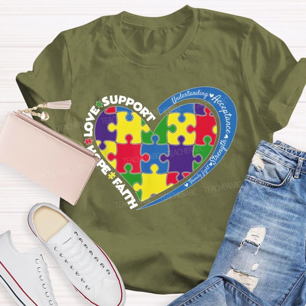 Faith Hope Love Support Colorful Heart Puzzle Teacher T-shirt