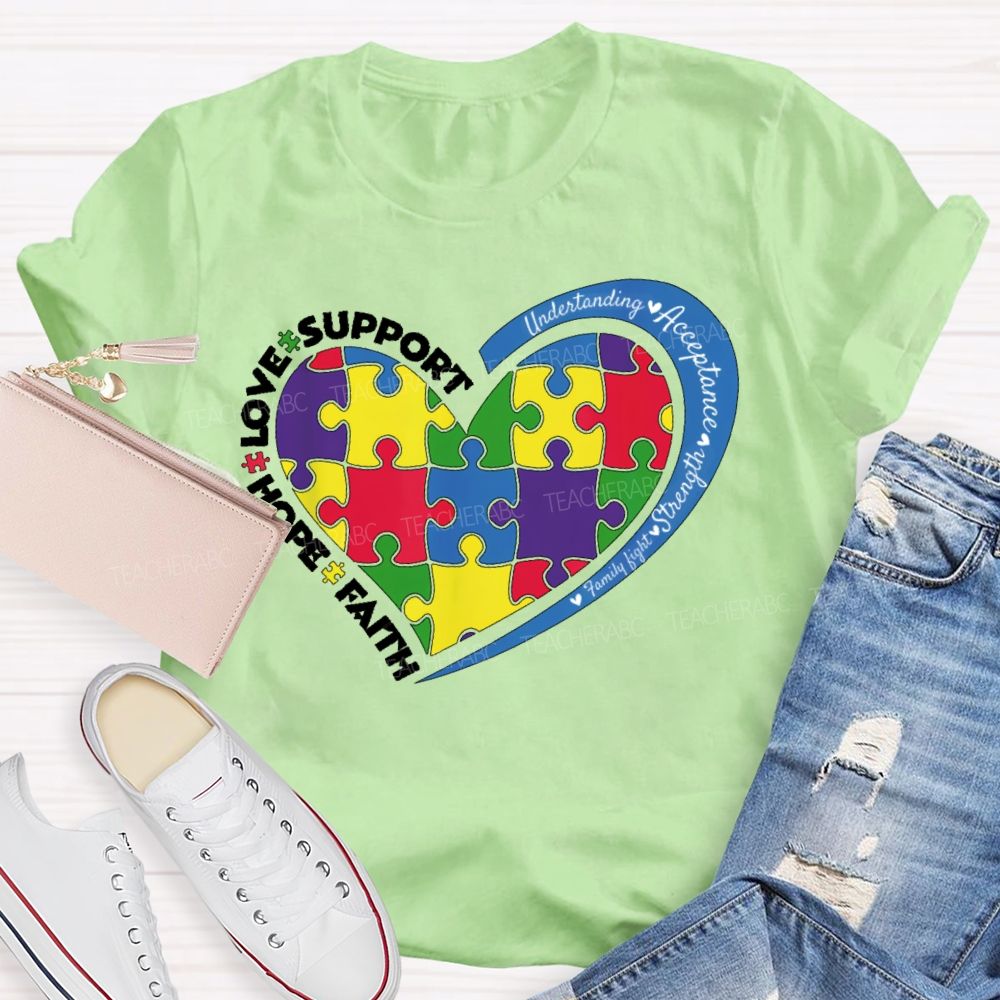 Faith Hope Love Support Colorful Heart Puzzle Teacher T-shirt