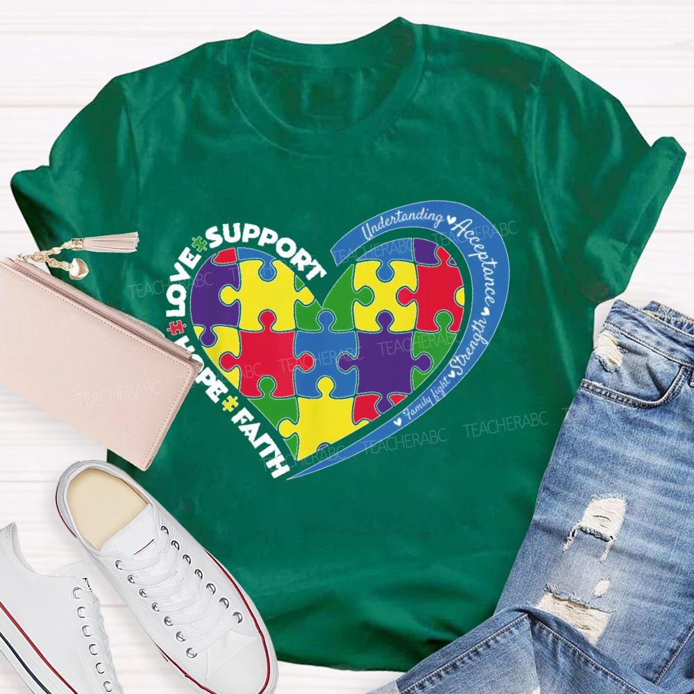 Faith Hope Love Support Colorful Heart Puzzle Teacher T-shirt