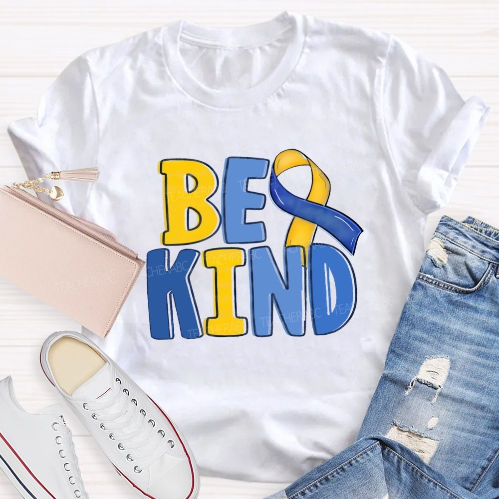 Be Kind Teacher Blue Yellow Ribbon T-Shirt