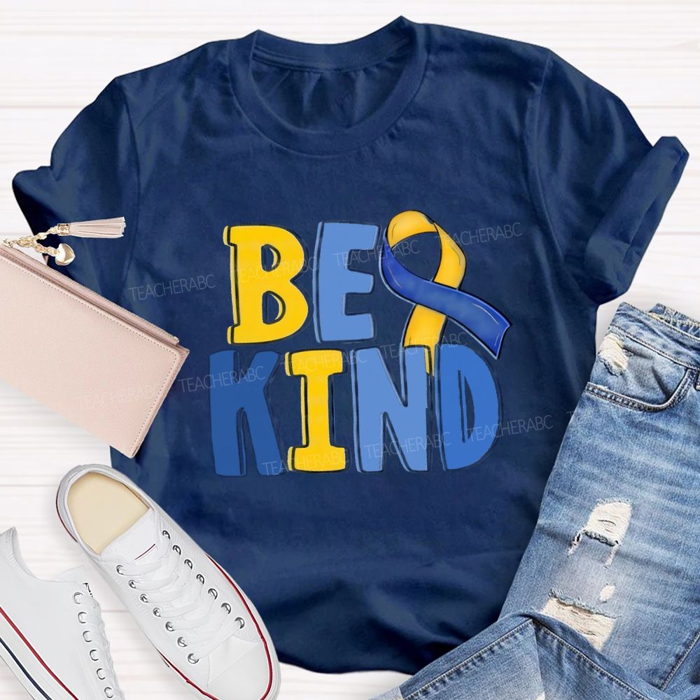 Be Kind Teacher Blue Yellow Ribbon T-Shirt