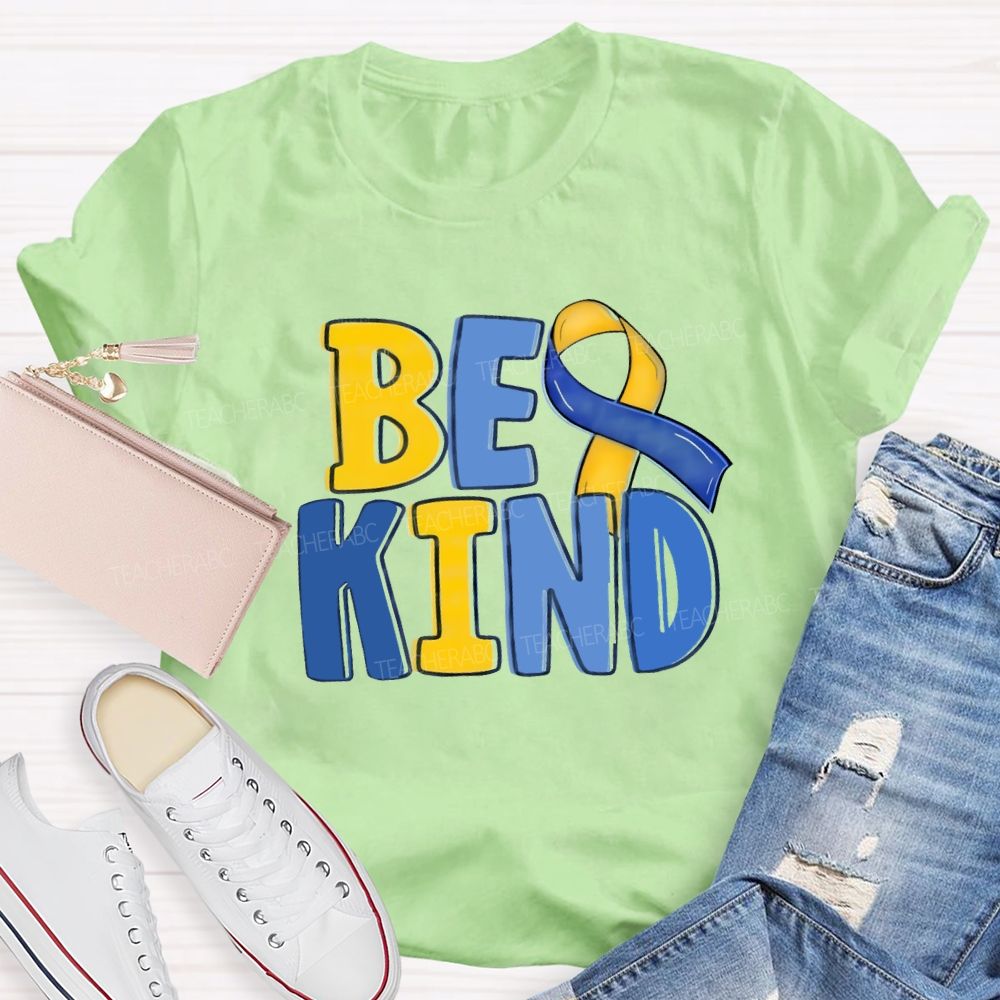 Be Kind Teacher Blue Yellow Ribbon T-Shirt