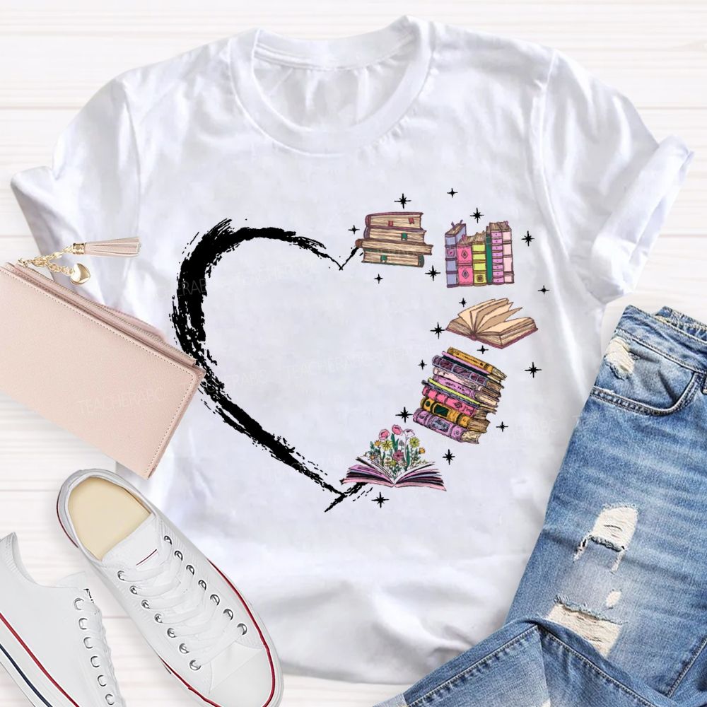 Various Books Formed The Shape Of A Heart Teacher T-shirt