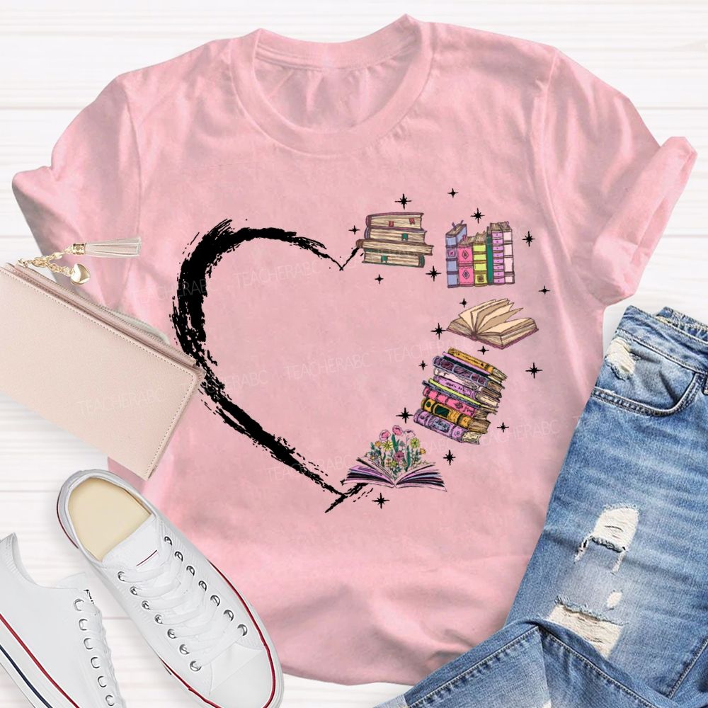 Various Books Formed The Shape Of A Heart Teacher T-shirt