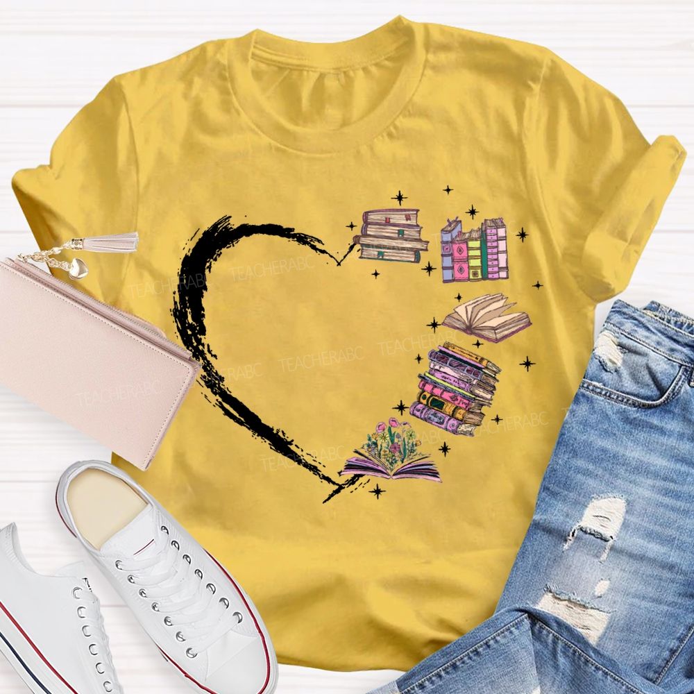 Various Books Formed The Shape Of A Heart Teacher T-shirt