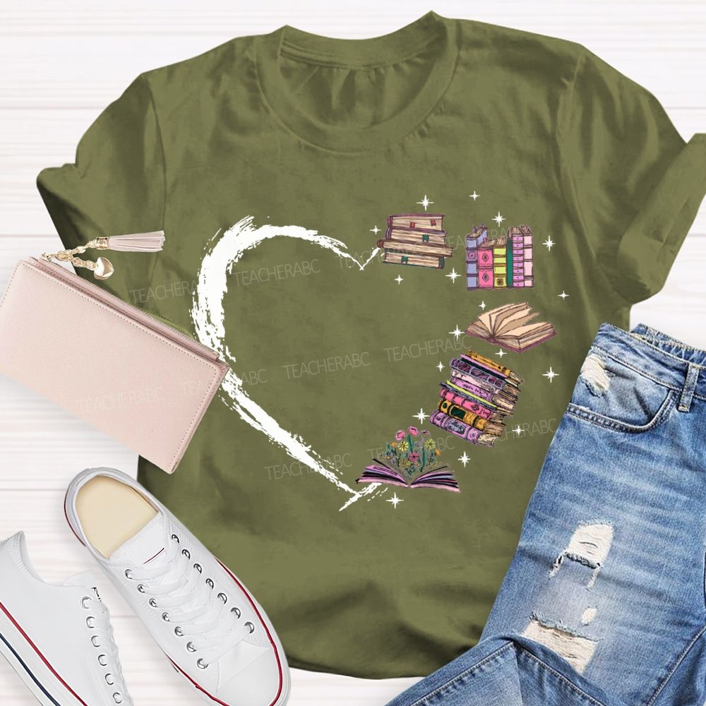 Various Books Formed The Shape Of A Heart Teacher T-shirt