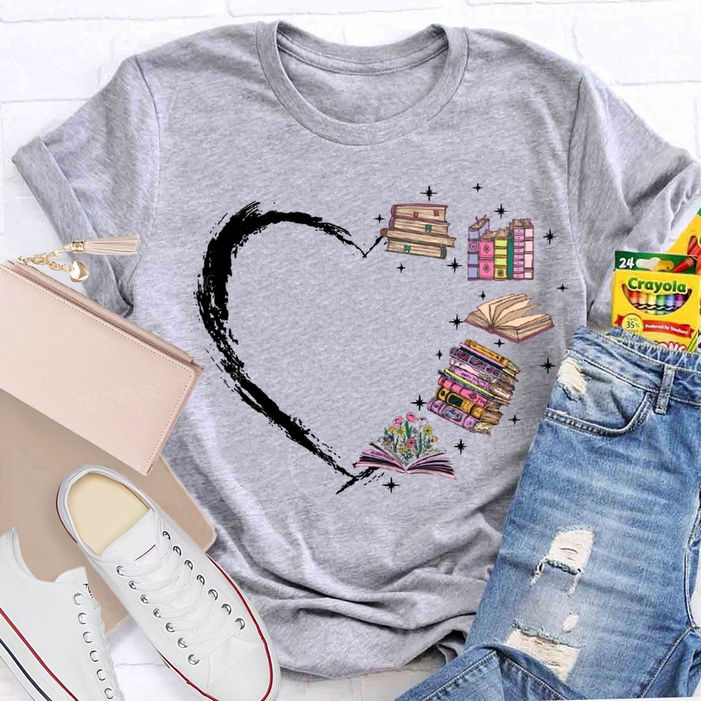 Various Books Formed The Shape Of A Heart Teacher T-shirt